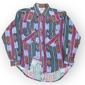 Vintage 90s XinQu Abstract Ikat Print Button Down Shirt Med Western Style‎ 21x26